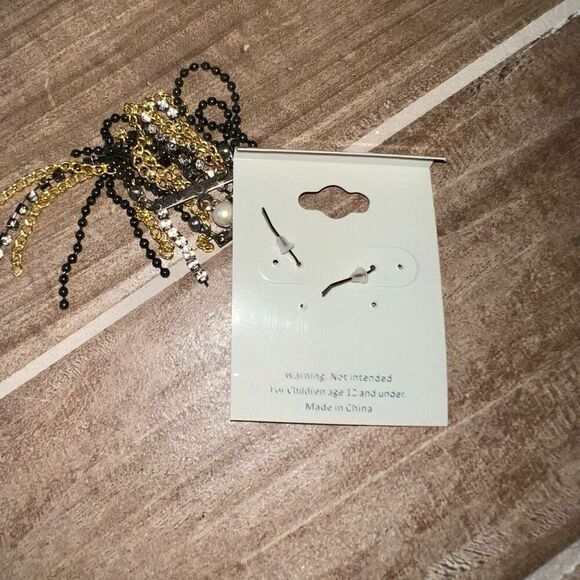 Long Wide Chain Fringe Dangle Chandelier Earring Black Gold Tone Rhinestone - Picture 6 of 6